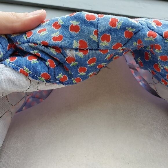 Vintage 70s Handmade Blue Red Apple Quilted Belted Housecoat Robe Trench Coat - Picture 5 of 6